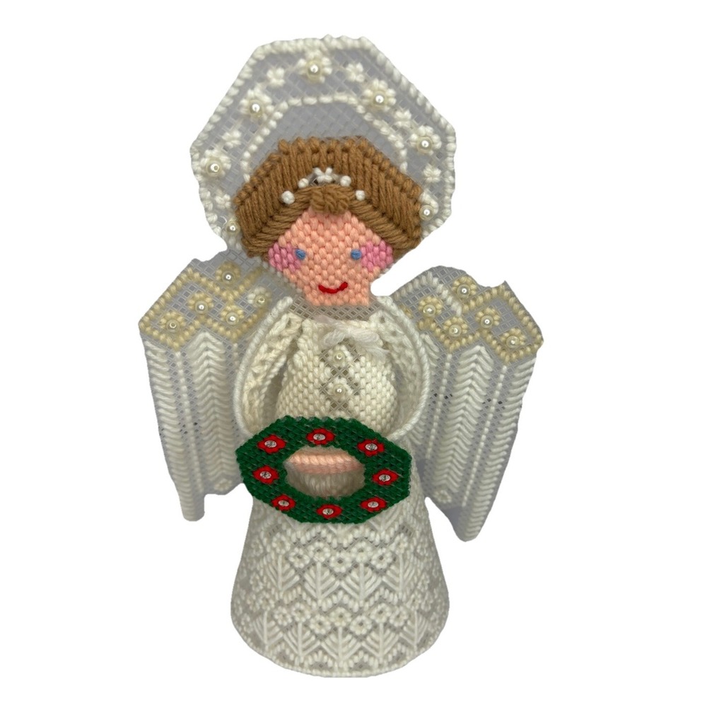 Christmas Angel Tree Topper VTG‎ Retro Handmade Plastic Canvas Yarn Pearls 12"